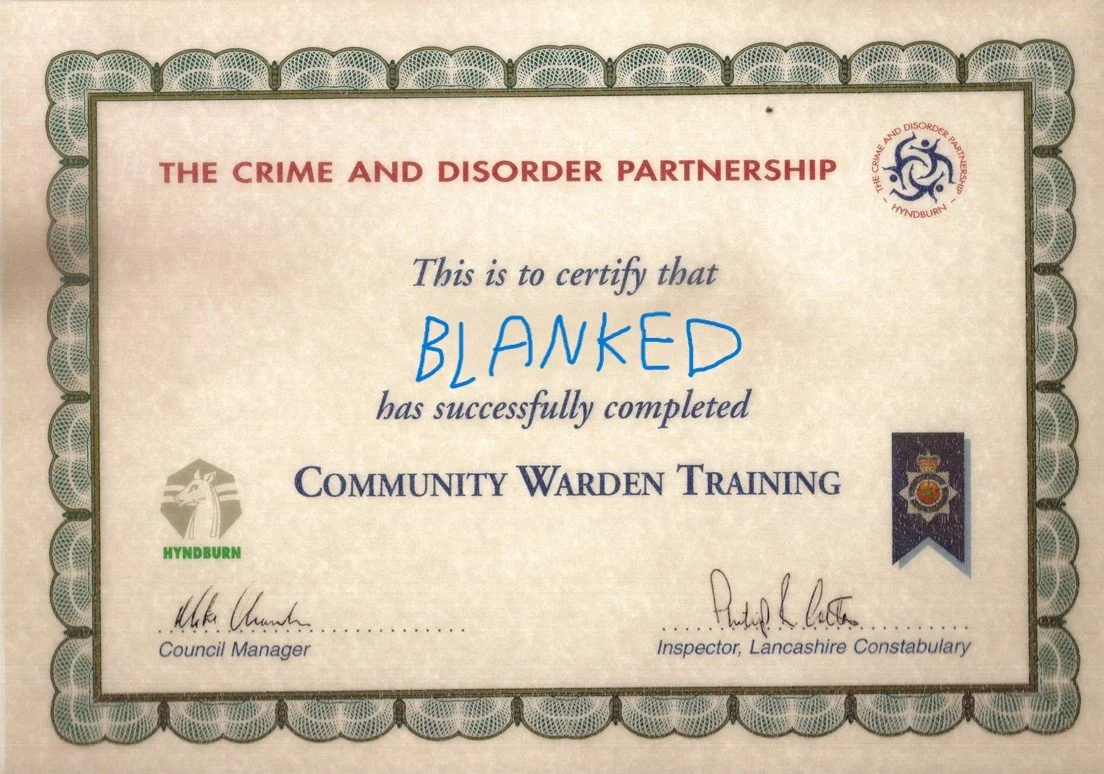 Hyndburn Community Warden certificate